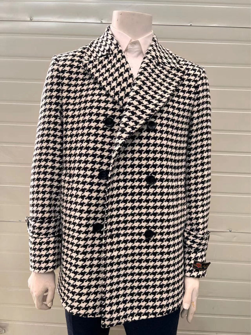 Mens Houndstooth Double-Breasted Wool Peacoat â€“ Black and White Wool  Short Coat Slim Fit