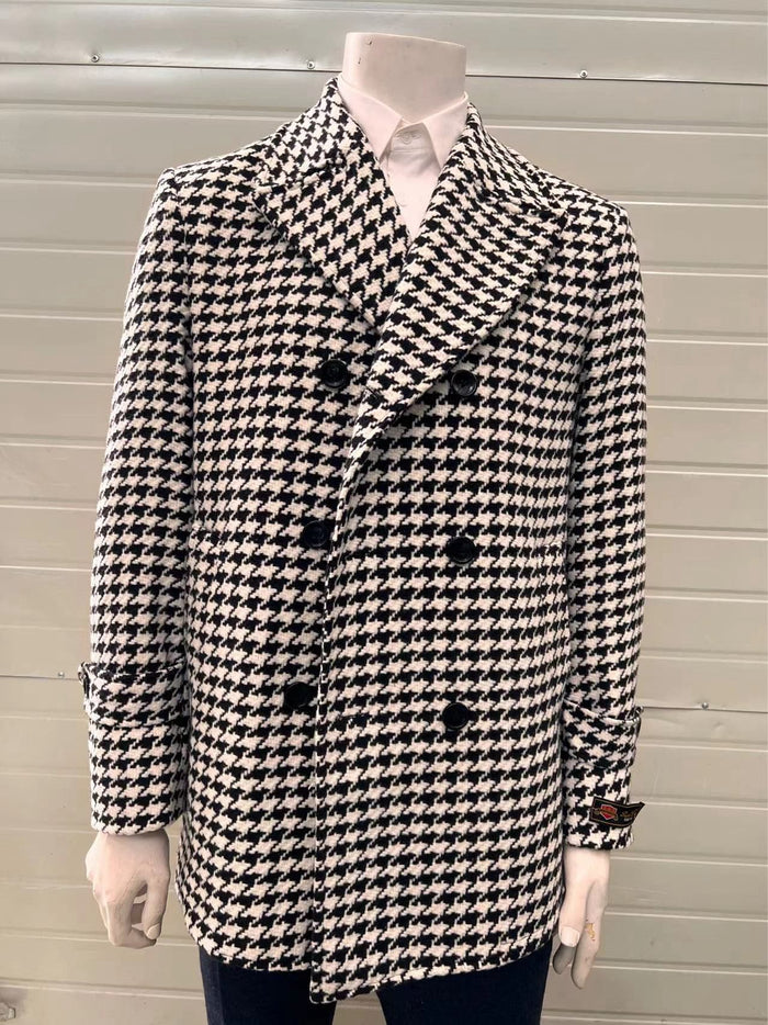 Mens Houndstooth Double-Breasted Wool Peacoat â€“ Black and White Wool  Short Coat Slim Fit
