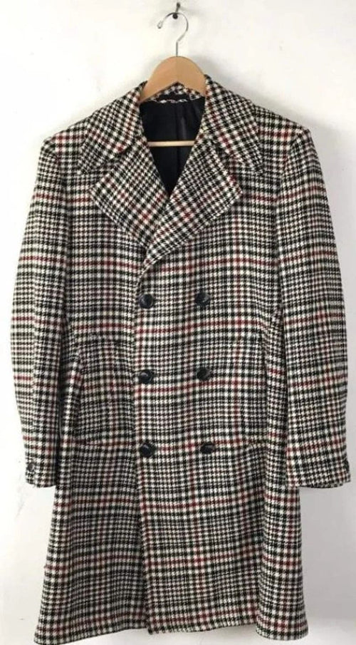Mens Black Overcoat - Mens Houndstooth Six Button Front Double Breasted Wool Overcoat