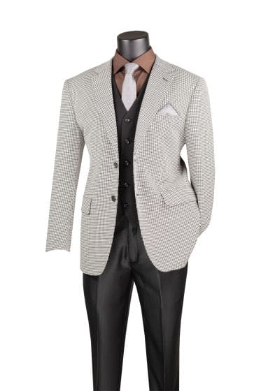 Gray, black & white houndstooth sport coat. Structured, single-breasted, notch lapel. Two front pockets. Textured fabric clearly displays the pattern.
