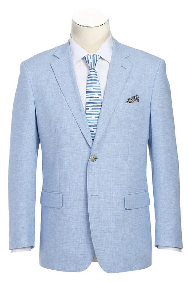 Mens Classic Two Button Linen & Cotton Summer Sport Coat Sky Blue Blazer Houndstooth