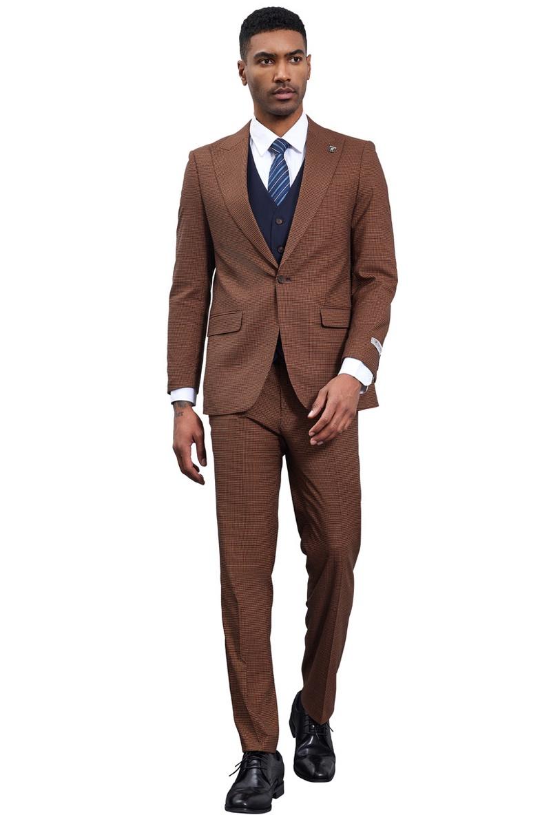 Men's Stacy Adams suit: cognac brown, micro check, peak lapel. Includes navy vest, tailored brown trousers, white shirt, and blue-striped tie.
