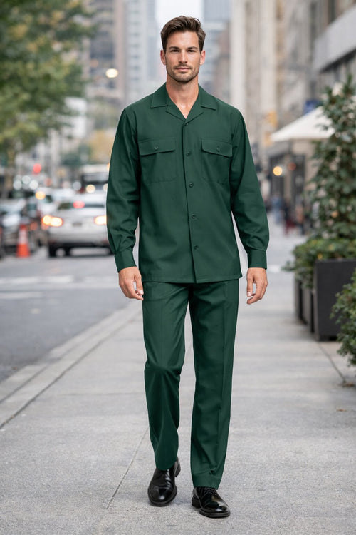 Mens Luxury Hunter Green Wool Two-Piece Leisure Walking Suit