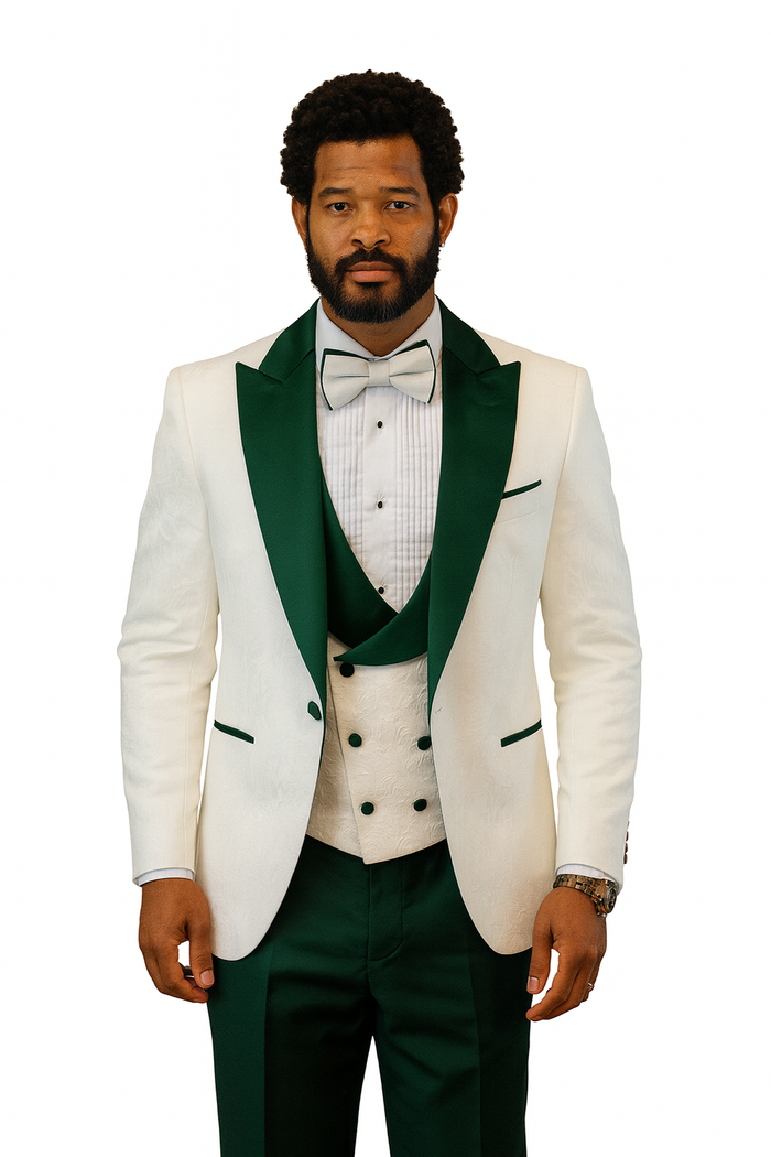 White tuxedo jacket with hunter green lapels & pockets. Paisley vest & hunter green pants. Light shirt & bow tie complete the look.
