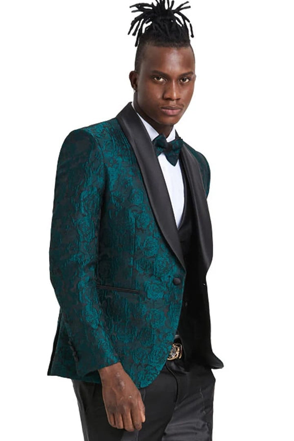 Men's One Button Slim Fit Shiny Paisley Floral Hunter Green Prom Tuxedo