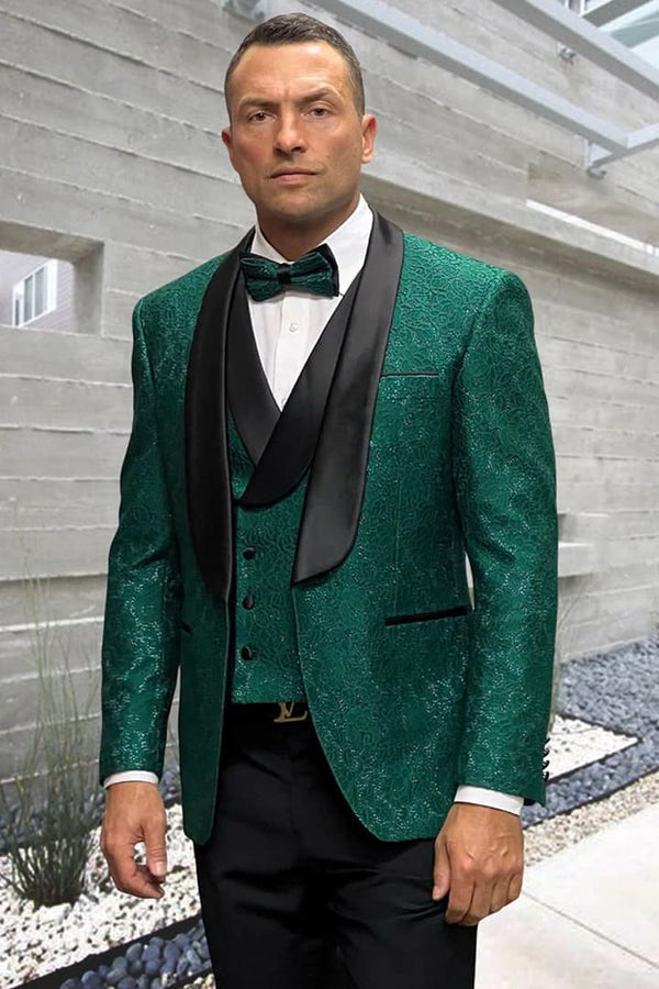 Dark Green Tuxedo - Men's Designer Vested Floral Lace Wedding Hunter Green Tuxedo