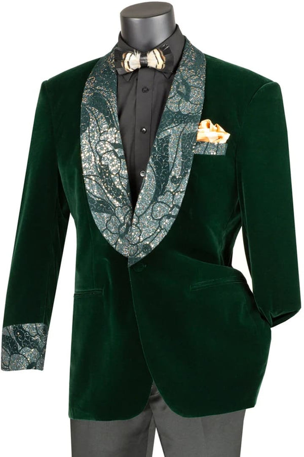 Dark Green Tuxedo - Mens Velvet Prom Smoking Jacket with Fancy Paisley Emerald hunter Green Tuxedo