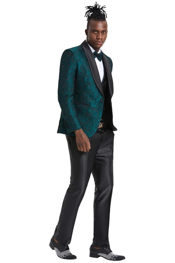 Dark Green Tuxedo - Men's One Button Slim Fit Shiny Paisley Floral Vested Hunter Green Pro Tuxedo