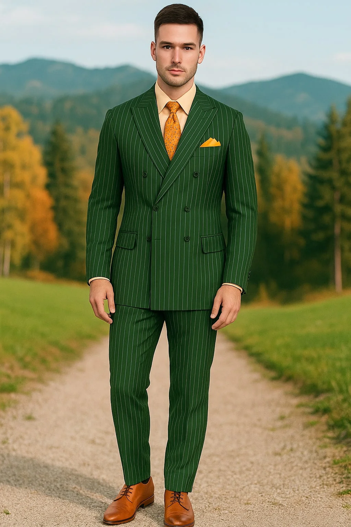 Alberto Nardoni men's hunter green pinstripe double-breasted suit. Tailored fit, structured shoulders, and fitted waist. Jacket: six buttons, peaked lapels. Trousers: tapered, matching pinstripes.
