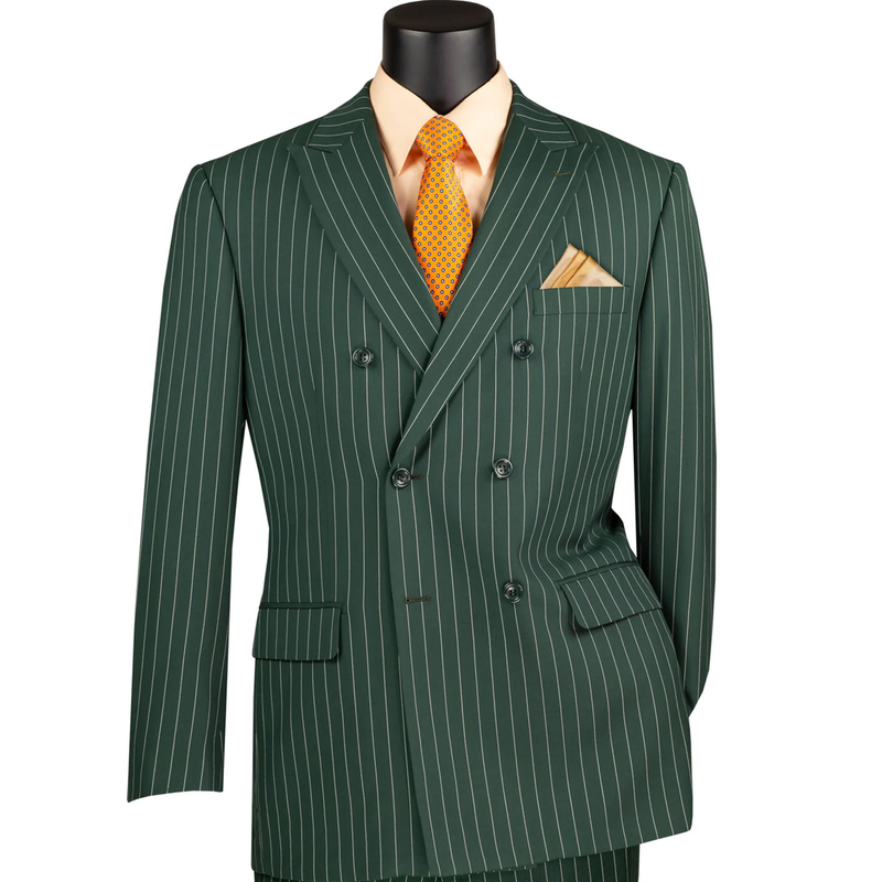 Hunter green double-breasted suit. Structured jacket with pinstripes, notched collar, side & chest pockets. Trousers match jacket. Elegant, coordinated look.
