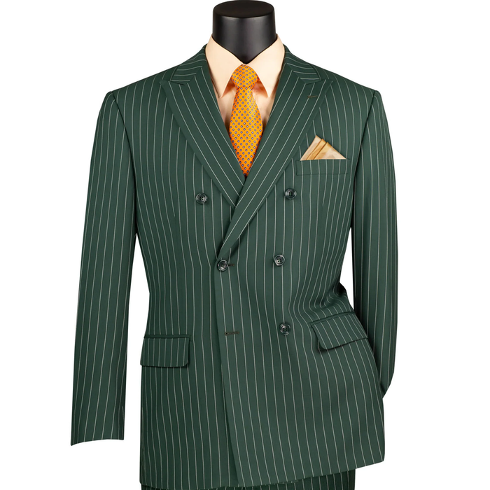 Hunter green double-breasted suit. Structured jacket with pinstripes, notched collar, side & chest pockets. Trousers match jacket. Elegant, coordinated look.
