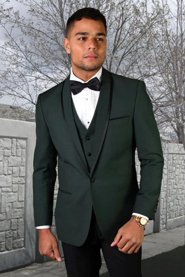 Dark Green Tuxedo - Men's Designer Vested Satin Trim Shawl Wedding Hunter Green Prom Tuxedo