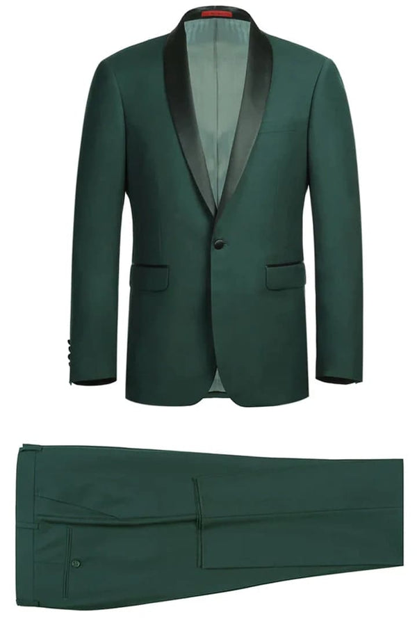 Dark Green Tuxedo - Mens Traditional Slim Fit Shawl Collar Hunter Green Chest Pocket Tuxedo