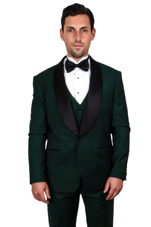 Dark Green Tuxedo - Men's Stacy Adams Vested One Button Shawl Lapel Hunter Green Tuxedo