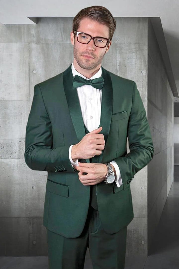 Dark Green Tuxedo - Men's Designer Wool One Button Shawl Lapel Wedding Hunter Green Tuxedo