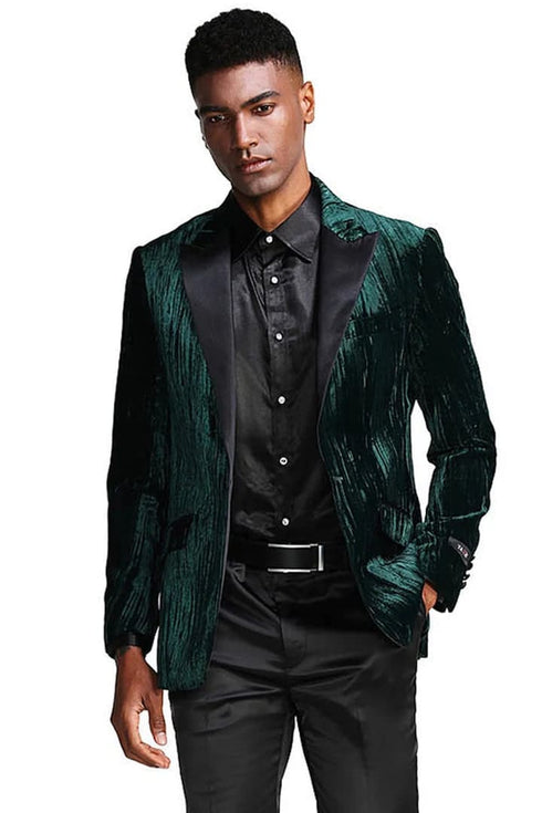 Dark Green Tuxedo - Men's Textured Velvet Prom Hunter Green Jacket Tuxedo