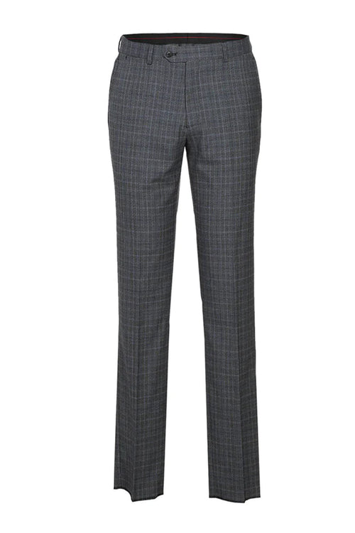 Men's English Laundry light grey slim-fit double-breasted suit with windowpane plaid. Structured fabric, tailored fit, straight trouser legs.
