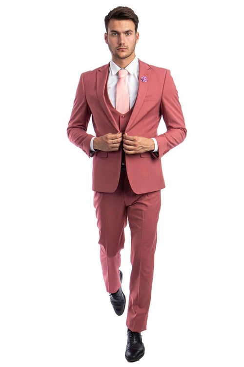 "Coral Pink Men's Wedding & Prom 2025 Suit - One Button Peak Lapel Skinny with Lowcut Vest"