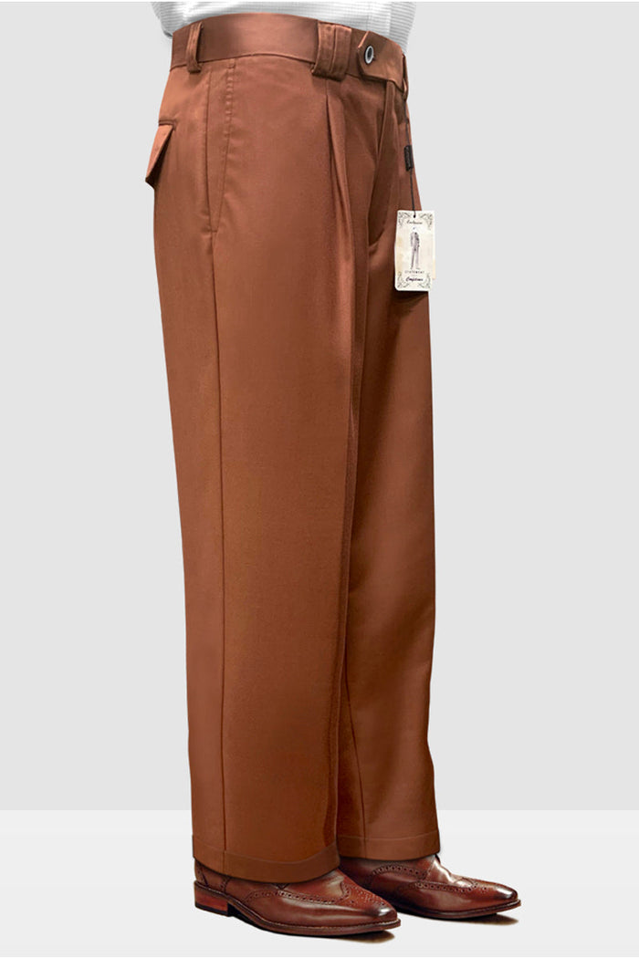 Men's Italian wool wide-leg dress pants in copper. Relaxed straight cut, smooth fabric, and front pleats. Elegant, comfortable silhouette.
