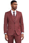Men's Stacy Adams vested suit: burgundy with thin pinstripes. Features a fitted, one-button jacket with peak lapels, pockets, and a matching vest. Textured fabric creates a structured look. Includes white shirt & patterned tie.
