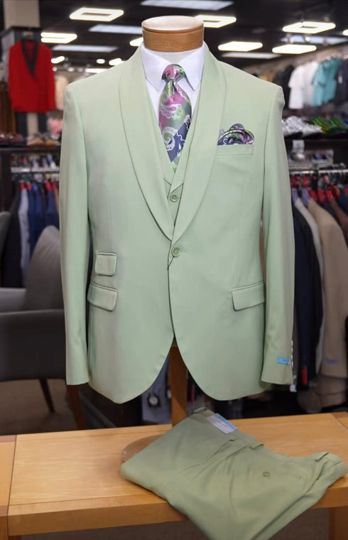 Sage Green Suit - Light Green Shawl Collar - Single Button Vested Suit - AlbertoNardoniStore