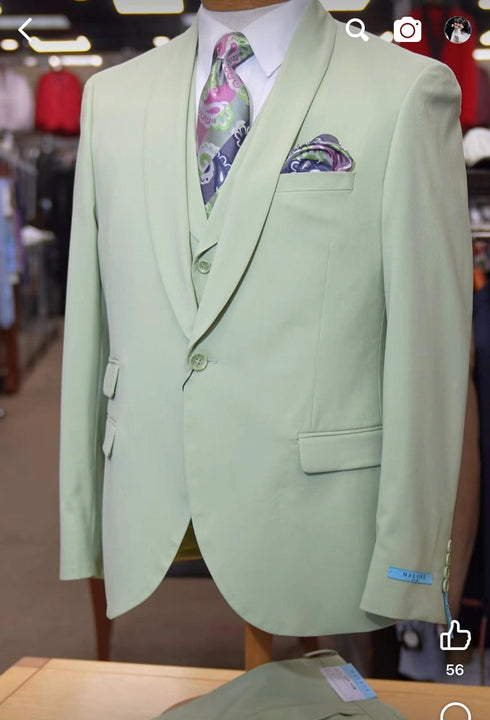 Sage Green Suit - Light Green Shawl Collar - Single Button Vested Suit - AlbertoNardoniStore