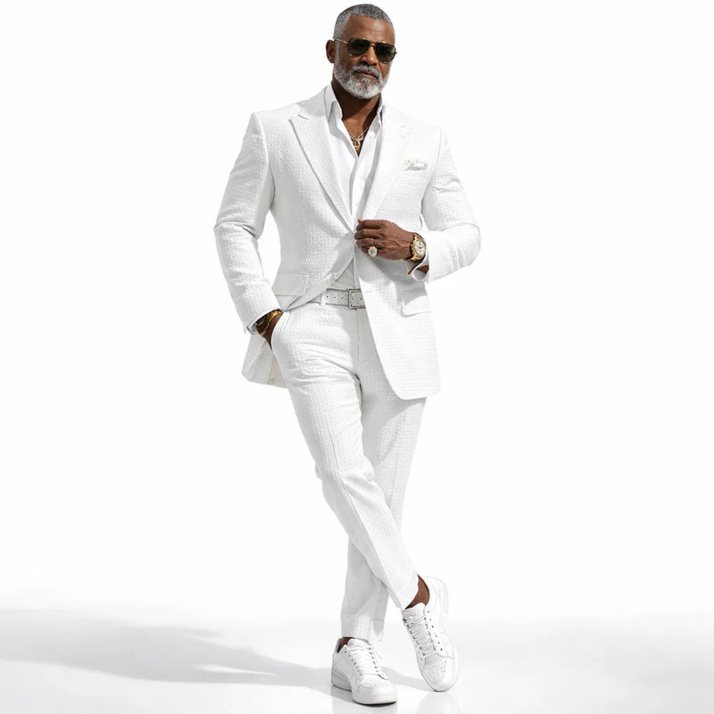 Inserch Mens Premium Cotton Seersucker Stripe Suit – White