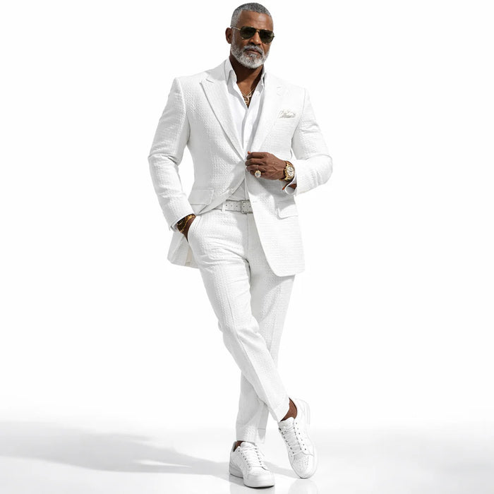 Inserch Mens Premium Cotton Seersucker Stripe Suit – White