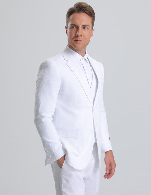 Mens Cheap White Suit Vested Summer Seersucker Suit in White Pinstripe