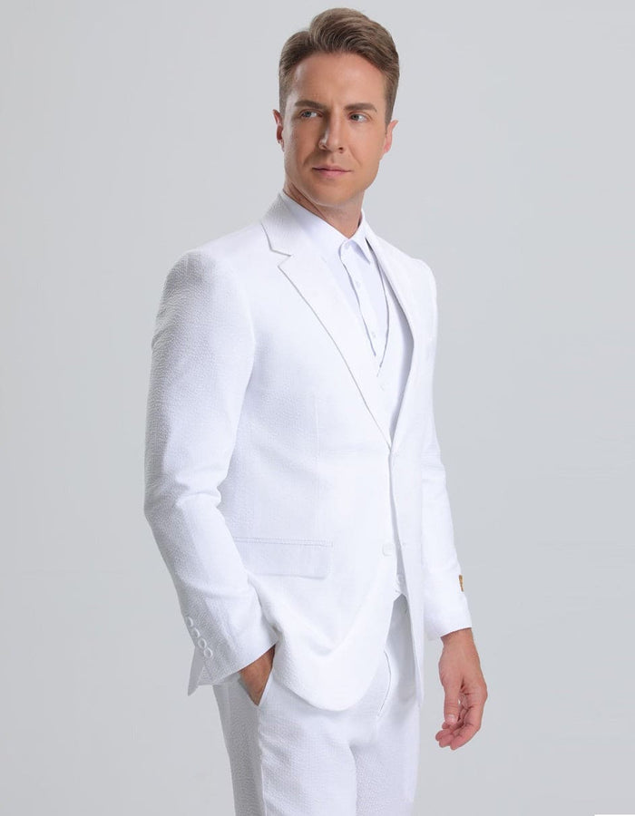 Mens Cheap White Suit Jacket + Pants Summer Seersucker Suit in White Pinstripe
