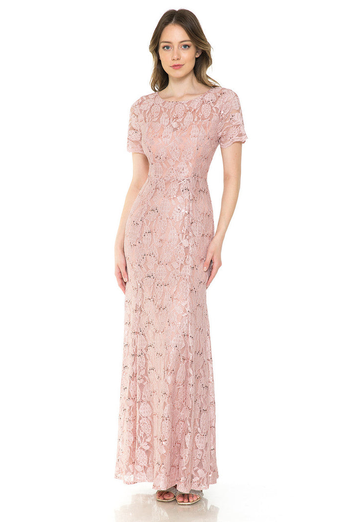 Lenovia 5241 Sequin Lace Illusion Short Sleeve Dress with Fitted Silhouette