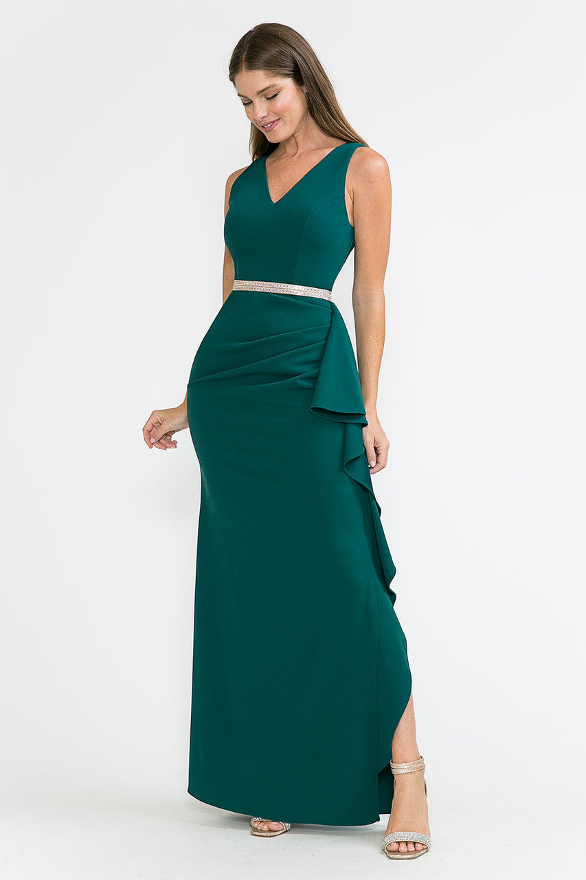 Lenovia 5287 Sleek V-Neck Crepe Dress with Side Slit and Embellished Belt