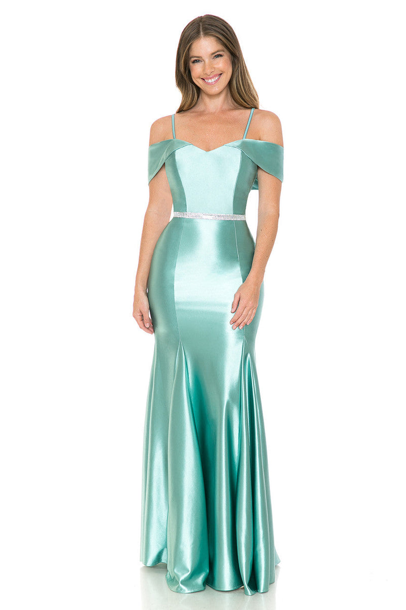 Lenovia 5244 Cold Shoulder Stretch Satin Dress with Beaded Belt