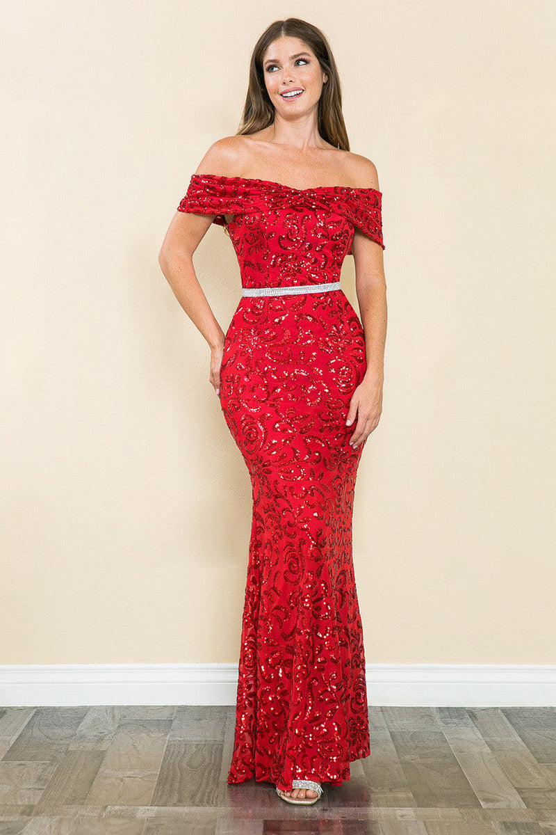 Lenovia 5210 Sequined Off-Shoulder Ruched Stretch Dress with Beaded Belt