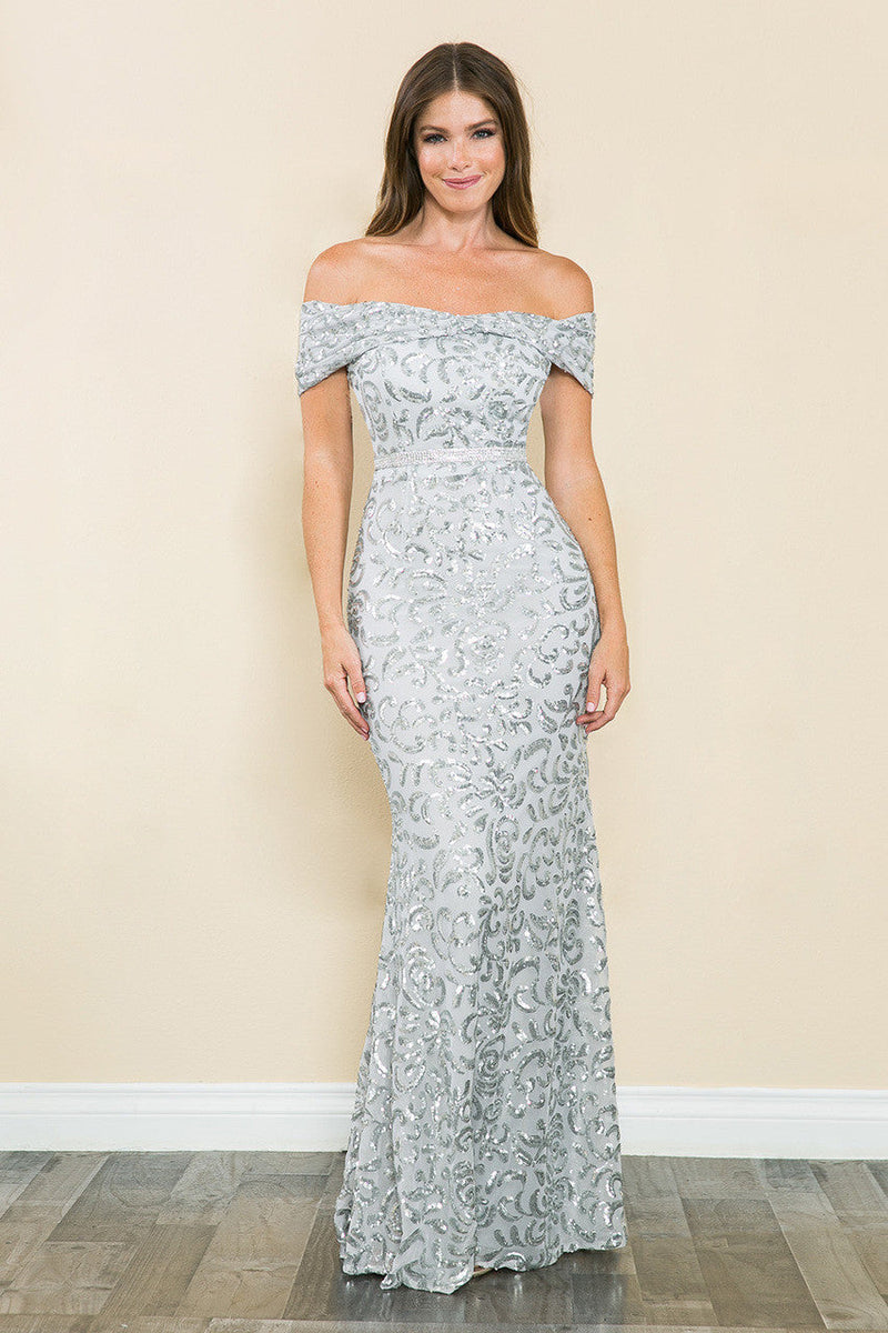 Lenovia 5210 Sequined Off-Shoulder Ruched Stretch Dress with Beaded Belt