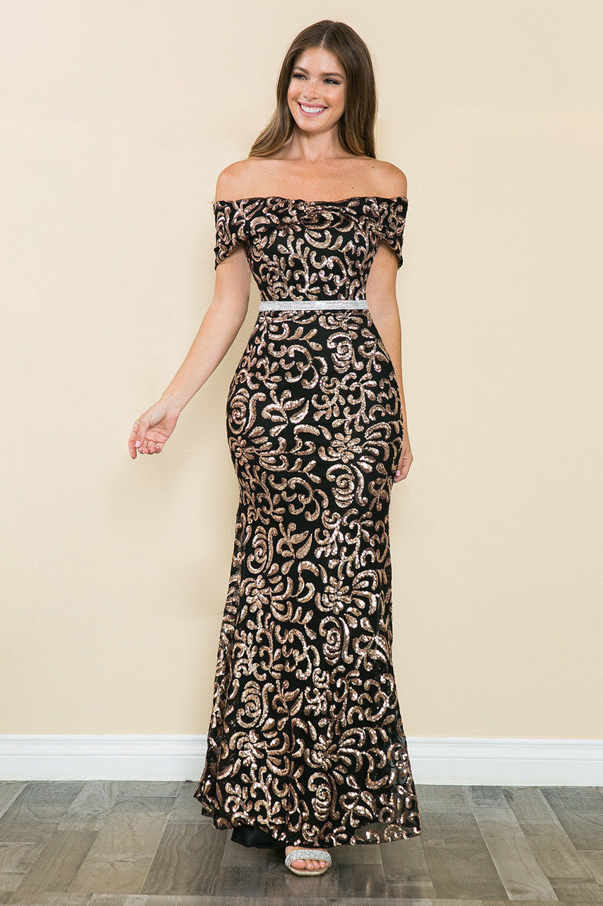 Lenovia 5210 Sequined Off-Shoulder Ruched Stretch Dress with Beaded Belt