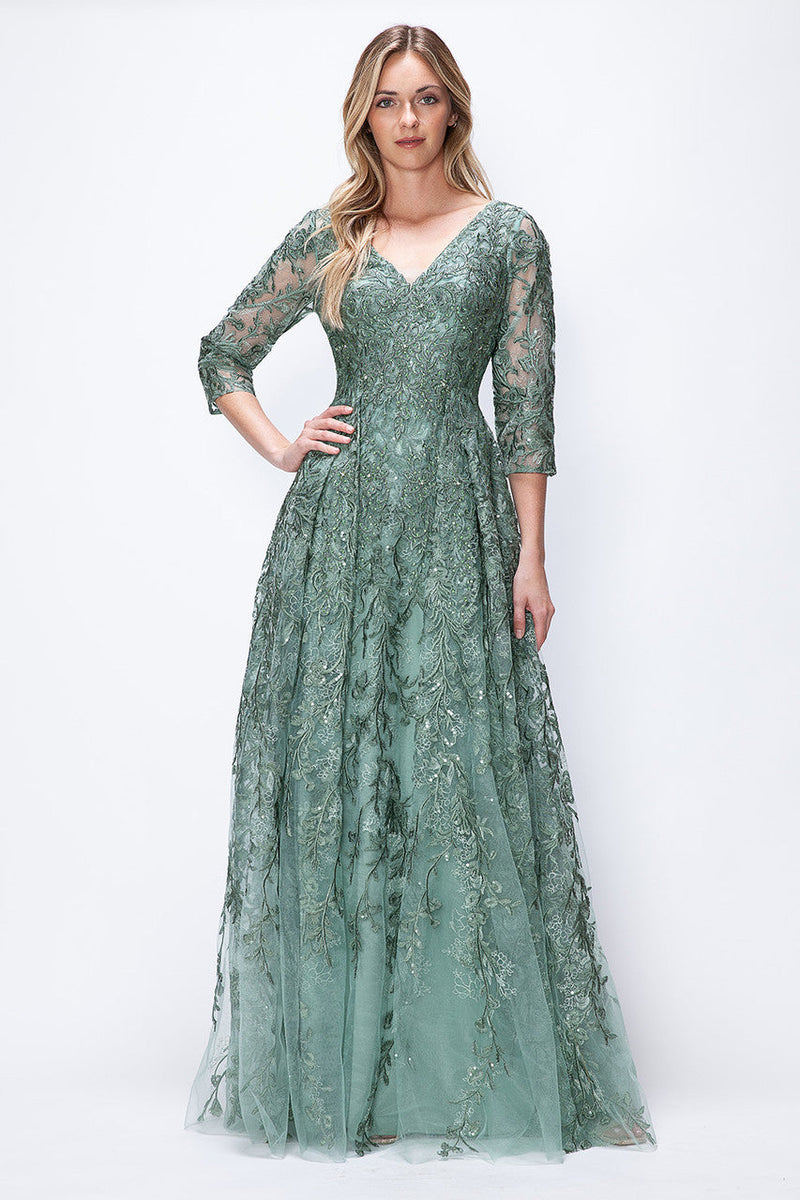 Embroidered A-Line Mother of the Bride Gown with Sheer 3/4 Sleeves By Lenovia 8356