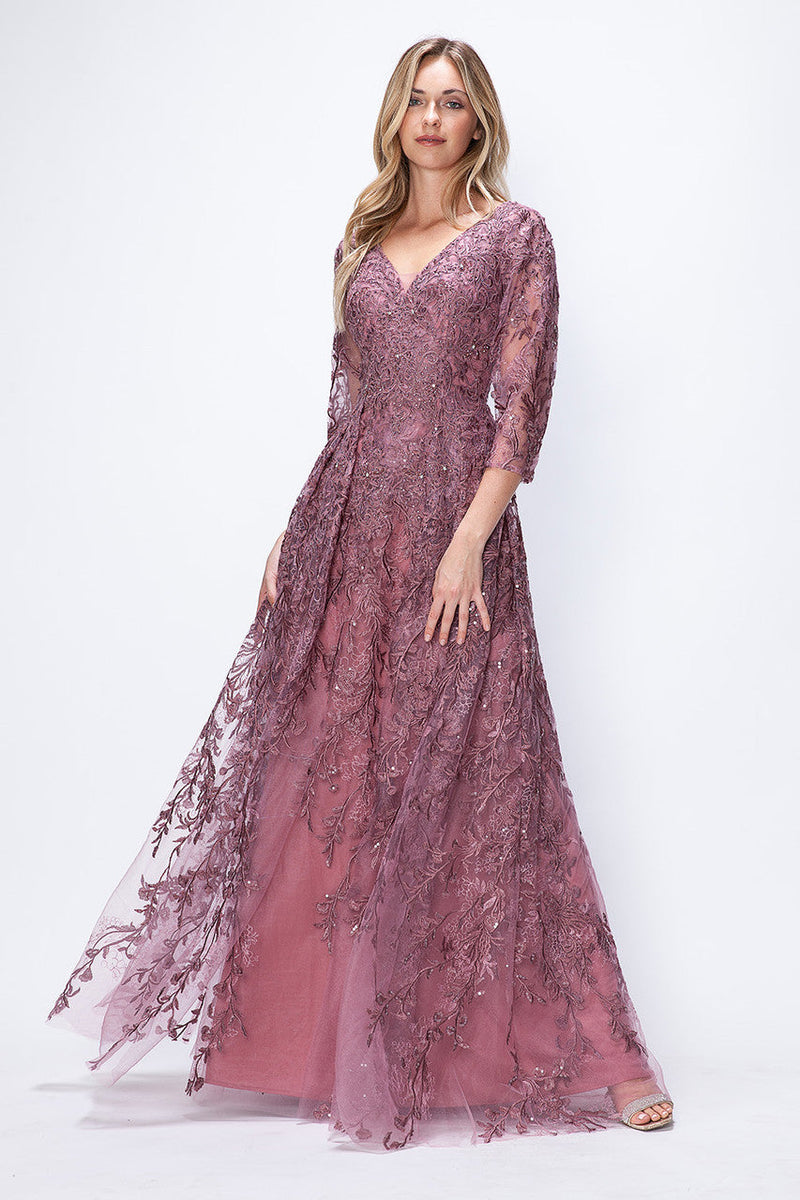 Embroidered A-Line Mother of the Bride Gown with Sheer 3/4 Sleeves By Lenovia 8356