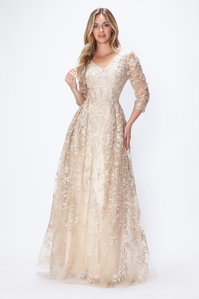 Embroidered A-Line Mother of the Bride Gown with Sheer 3/4 Sleeves By Lenovia 8356