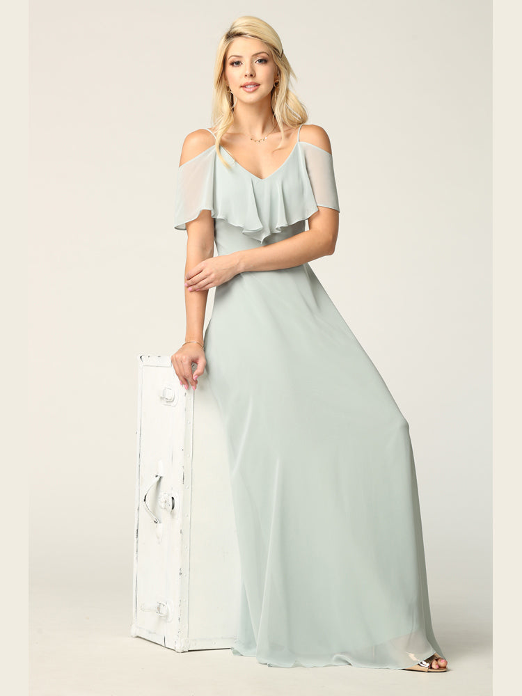 Elegant Cold Shoulder Chiffon A-Line Gown with Flutter Sleeves by Eva USA 3263