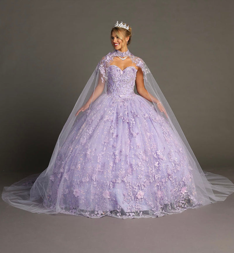 Chicas HF3067 Printed Quinceañera Royal BallDress Floral Floor-Length Tulle Dress
