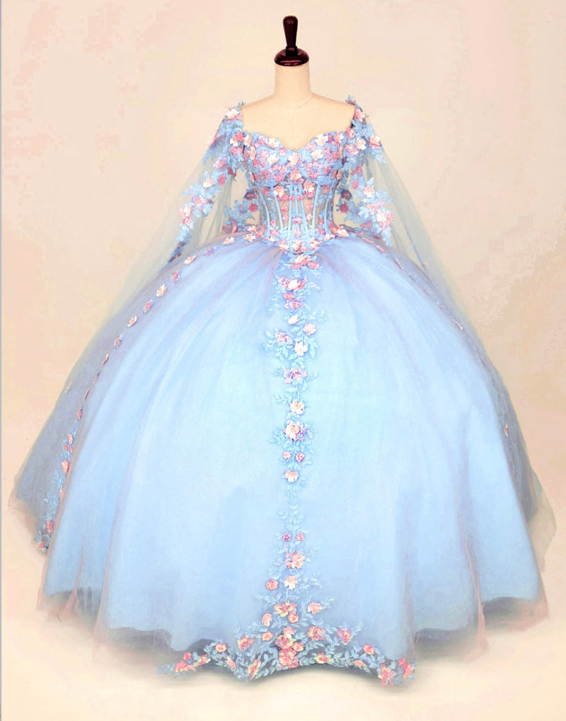 Chicas HF3117 Printed Blue BallDress Floral Long Corset Tulle Dress