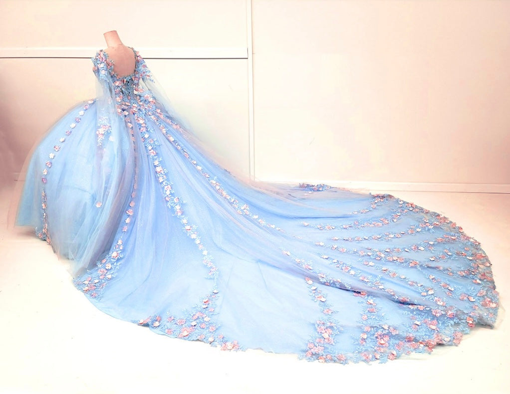 Chicas HF3117 Printed Blue BallDress Floral Long Corset Tulle Dress