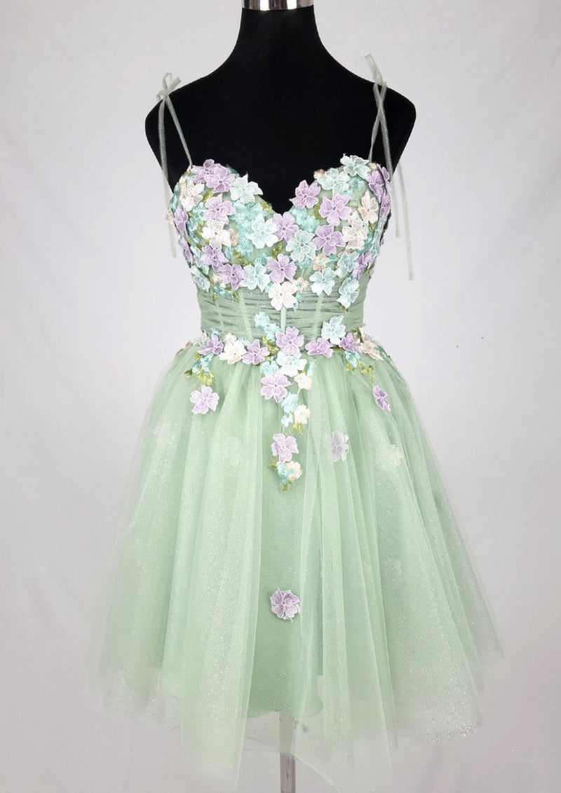 Chicas C354 Printed Glitter Ivory Sweetheart Floral Short Tulle Dress