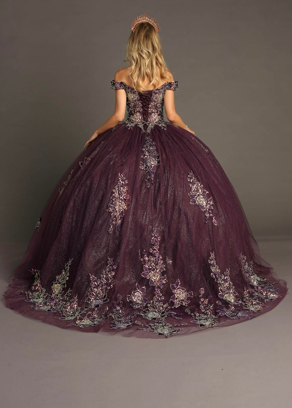 Chicas HF3099 Printed Glitter Purple BallDress Floral Floor-Length Tulle Dress
