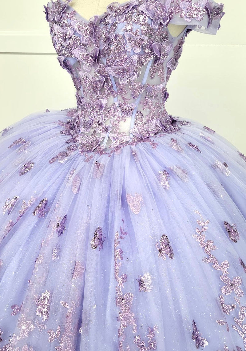 Chicas HF3103 Printed Glitter Lilac BallDress Butterfly Floral Tulle Dress