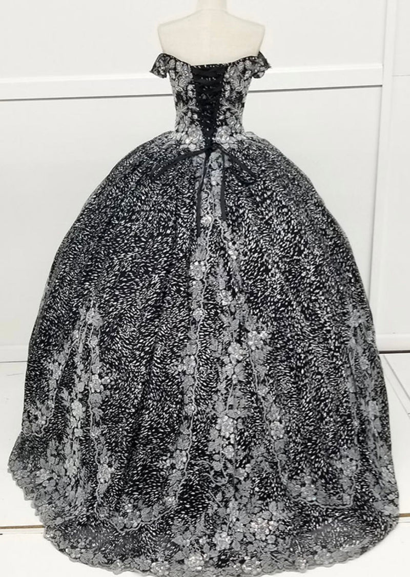 Chicas HF3039 Printed Quinceañera Black BallDress Sweetheart Floral Lace Dress