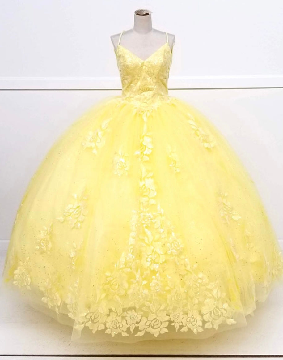 Chicas HF3045 Romantic Printed Glitter Quinceañera BallDress V-Neck Tulle Dress