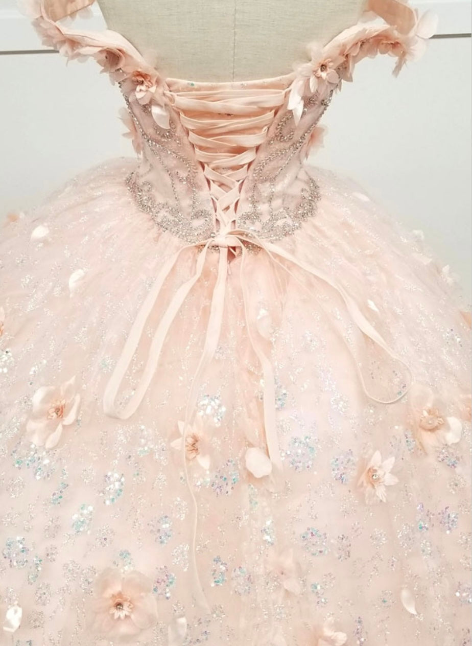 Chicas HF3027 Romantic Printed Glitter Quinceañera Blush BallDress Tulle Dress