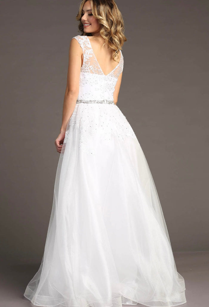 Chicas LM8023 Formal White Illusion Floor-Length Beaded Fabric Dress
